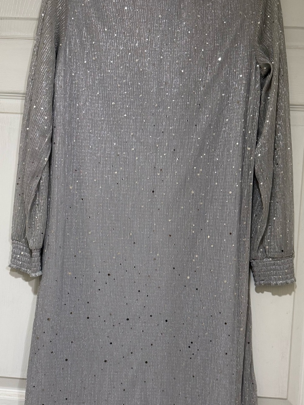 Nina Leonard Silver Sparkle Long Sleeve Shift Dress